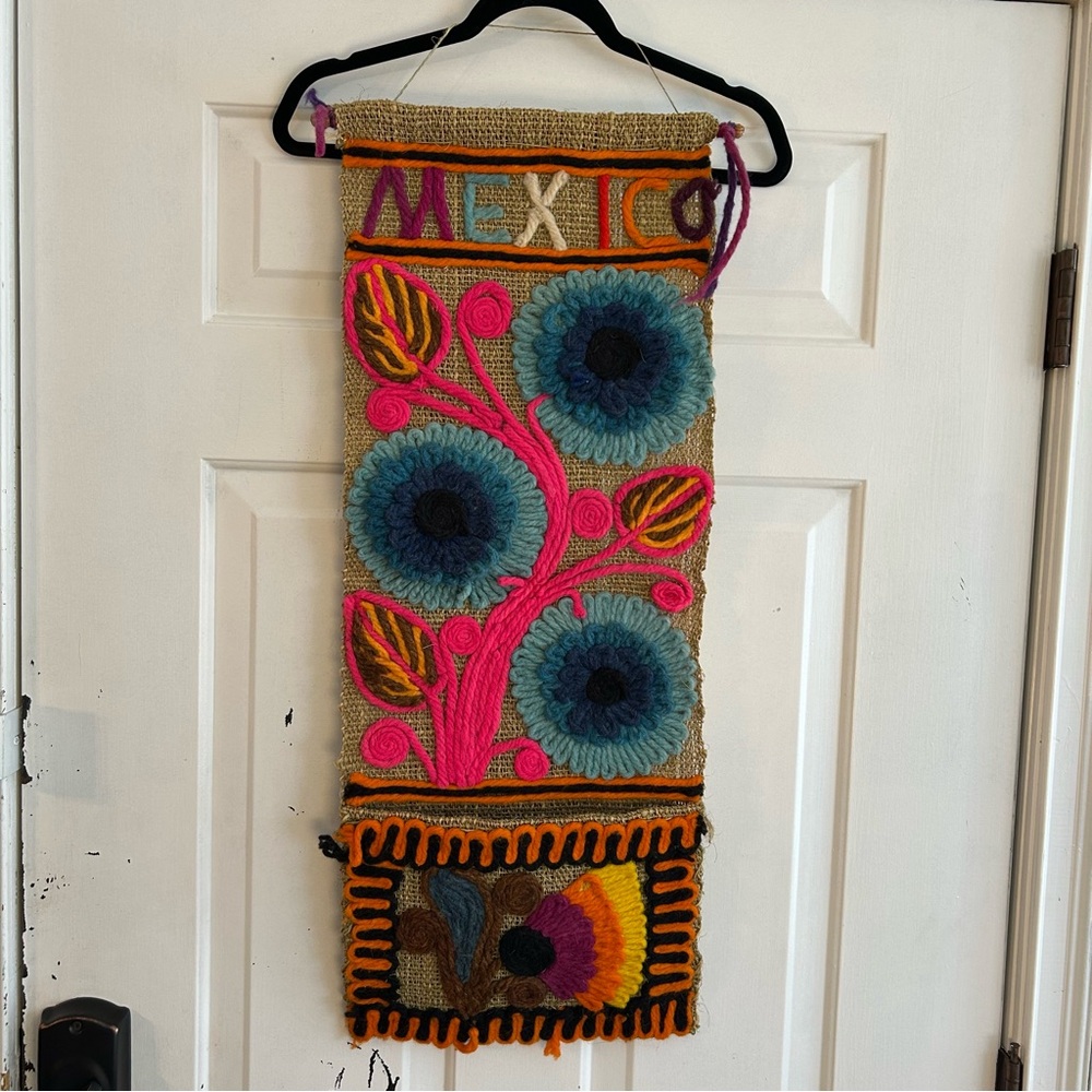 Handcrafted Floral Wall Hanging with Blue and Pink Accents Mexico